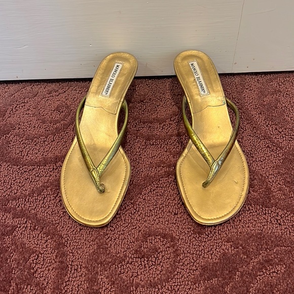 Manolo blahnik gold heels flip flop heels leather y2k 2000 vintage Gold Paterno - Picture 2 of 7